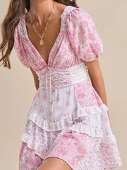 Floral Puff Sleeve Tiered Mini Dress Apricot / S