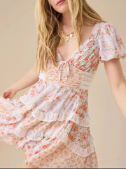 Floral Puff Sleeve Tiered Mini Dress Three Colors / S
