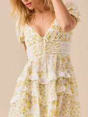 Floral Puff Sleeve Tiered Mini Dress Yellow / S