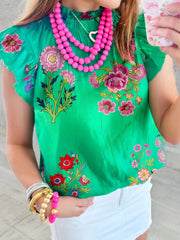 Floral Ruffle Cap Sleeve Blouse Green / S