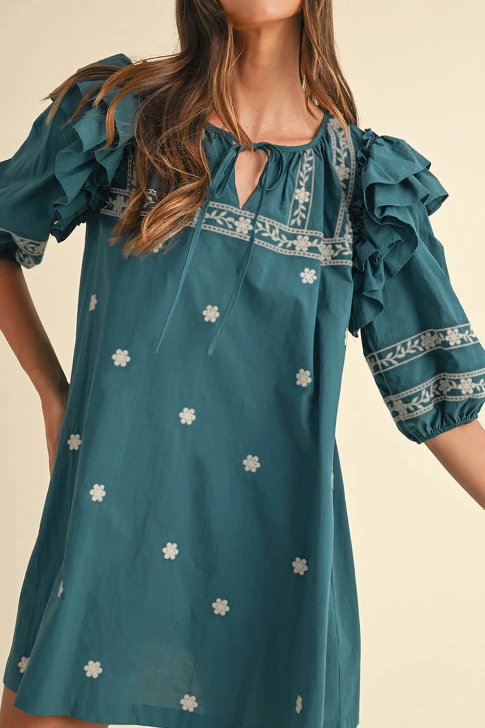 Floral Ruffle Puff Sleeve Tie Neck Mini Dress Turquoise / M