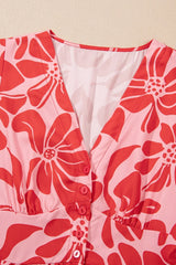 Floral Ruffled V-Neck Midi Dress with Button Front