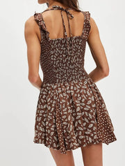 Floral Scoop Neck Mini Dress with Ruffle Hem Dark Brown / S