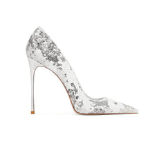 Floral Sequin Pointy Toe High Heels EU 33 / Silver / 6CM