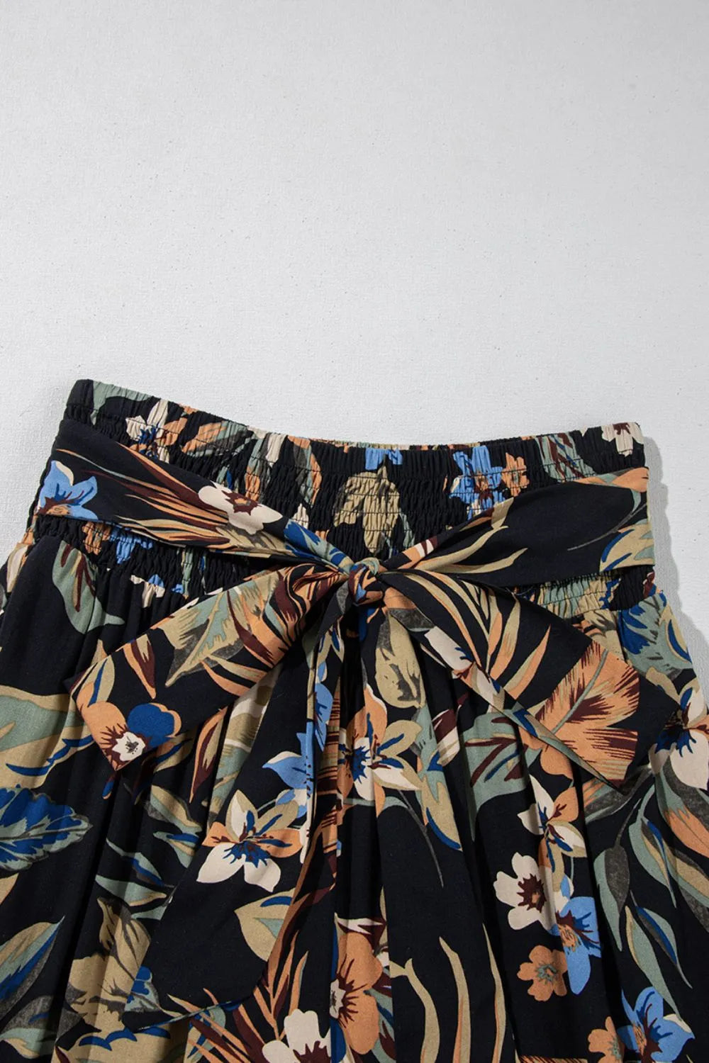 Floral Shirred High Waist Wide Leg Pants with Tie