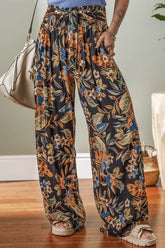 Floral Shirred High Waist Wide Leg Pants with Tie Black / L