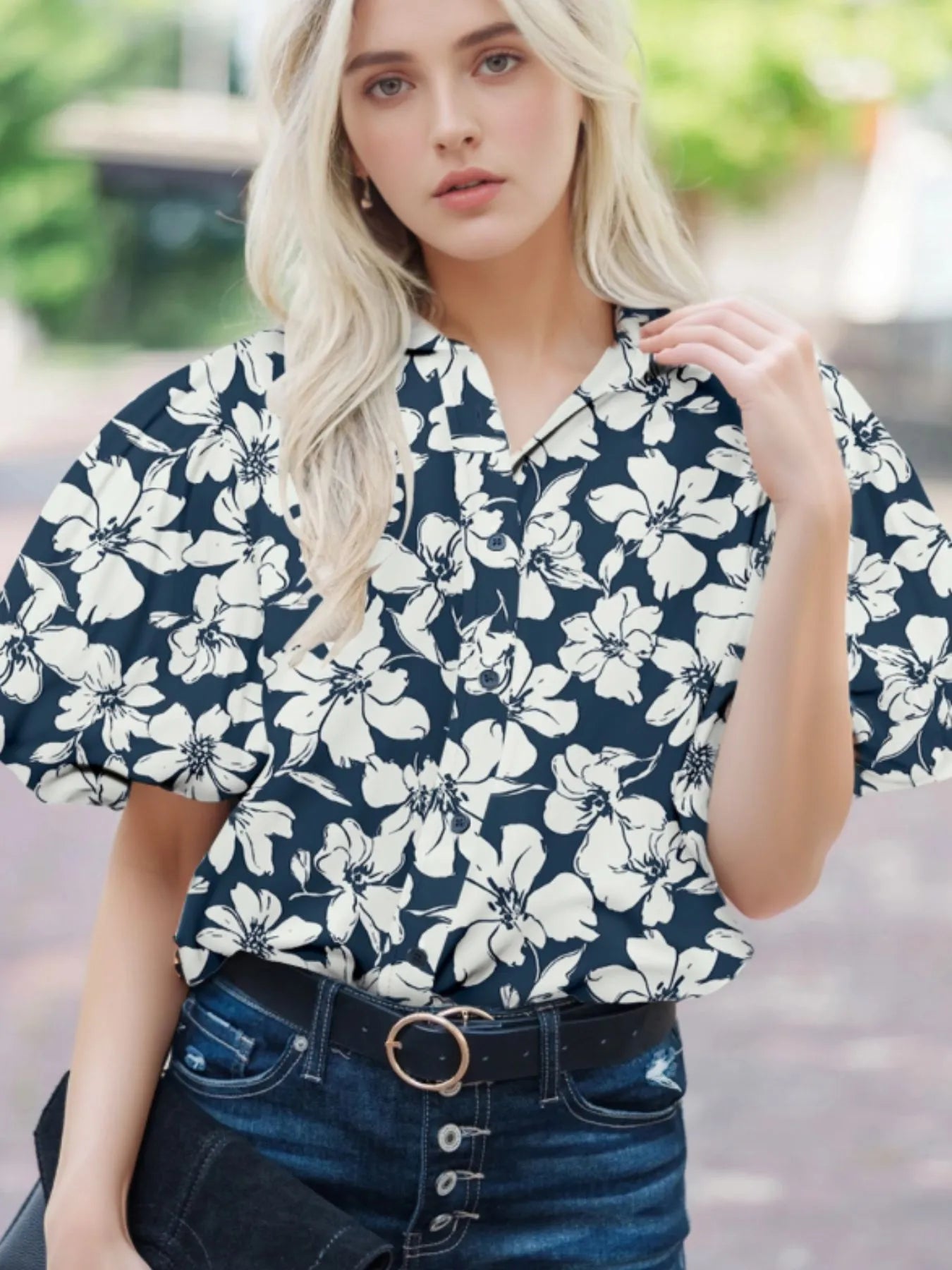 Floral Short Puff Sleeve Shirt Floral / S