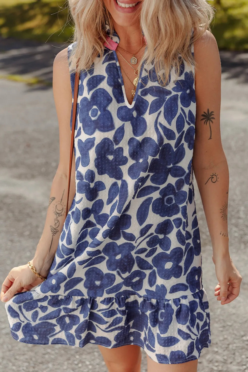 Floral Sleeveless Color Block Notched V Neck Mini Dress