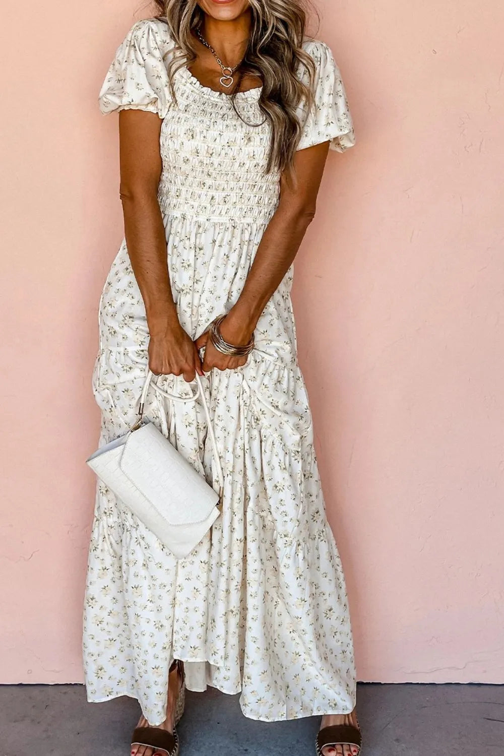 Floral Smocked Short Puff Sleeve Maxi Dress