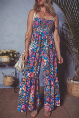Floral Smocked Spaghetti Straps Wide Leg Jumpsuit