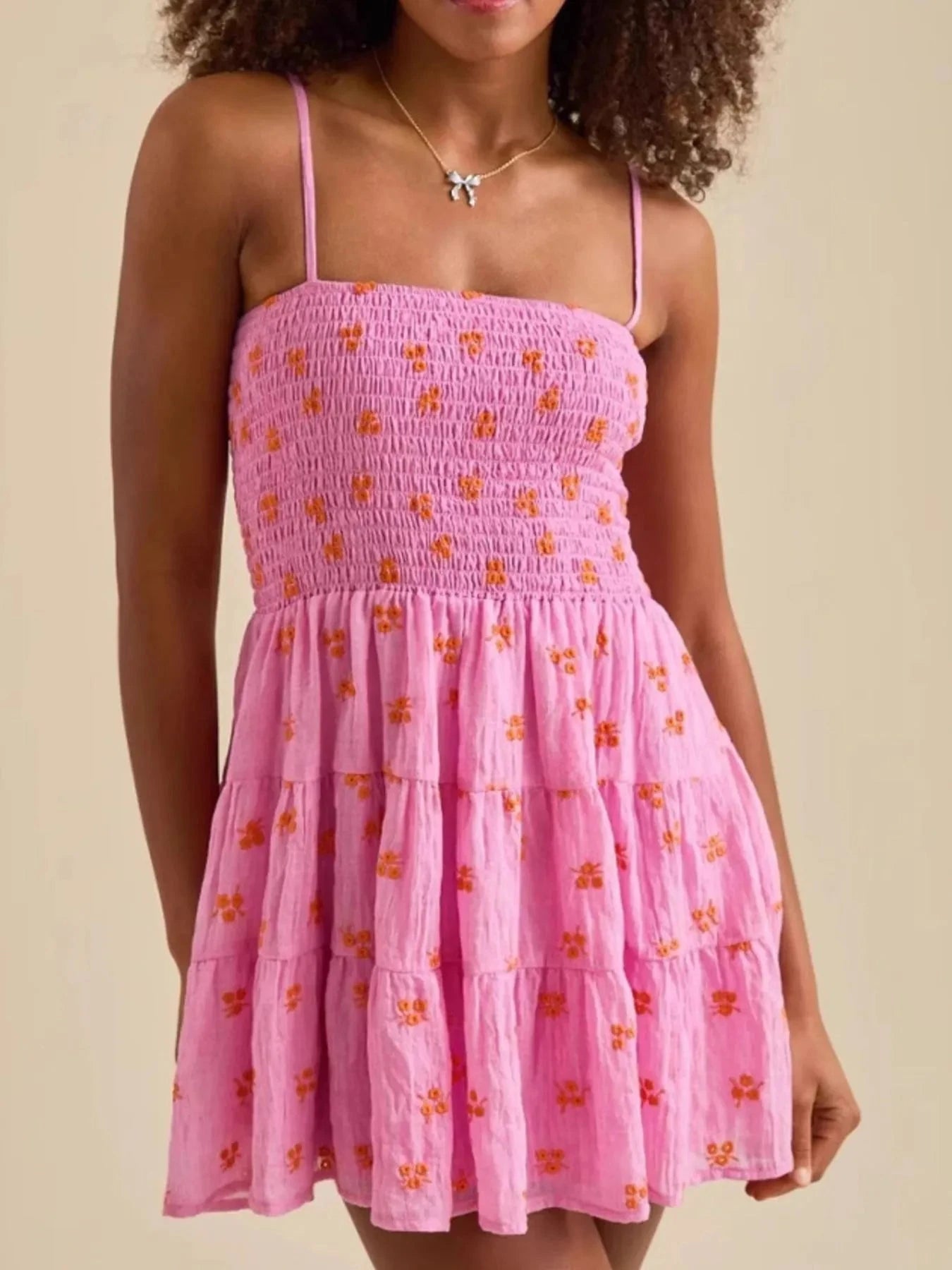 Floral Smocked Tiered Mini Cami Dress Pink / S