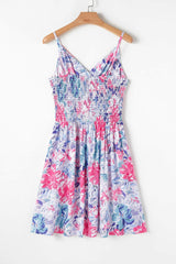 Floral Spaghetti Strap Surplice Neck Shirred Waist Mini Dress