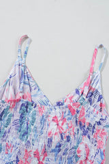 Floral Spaghetti Strap Surplice Neck Shirred Waist Mini Dress