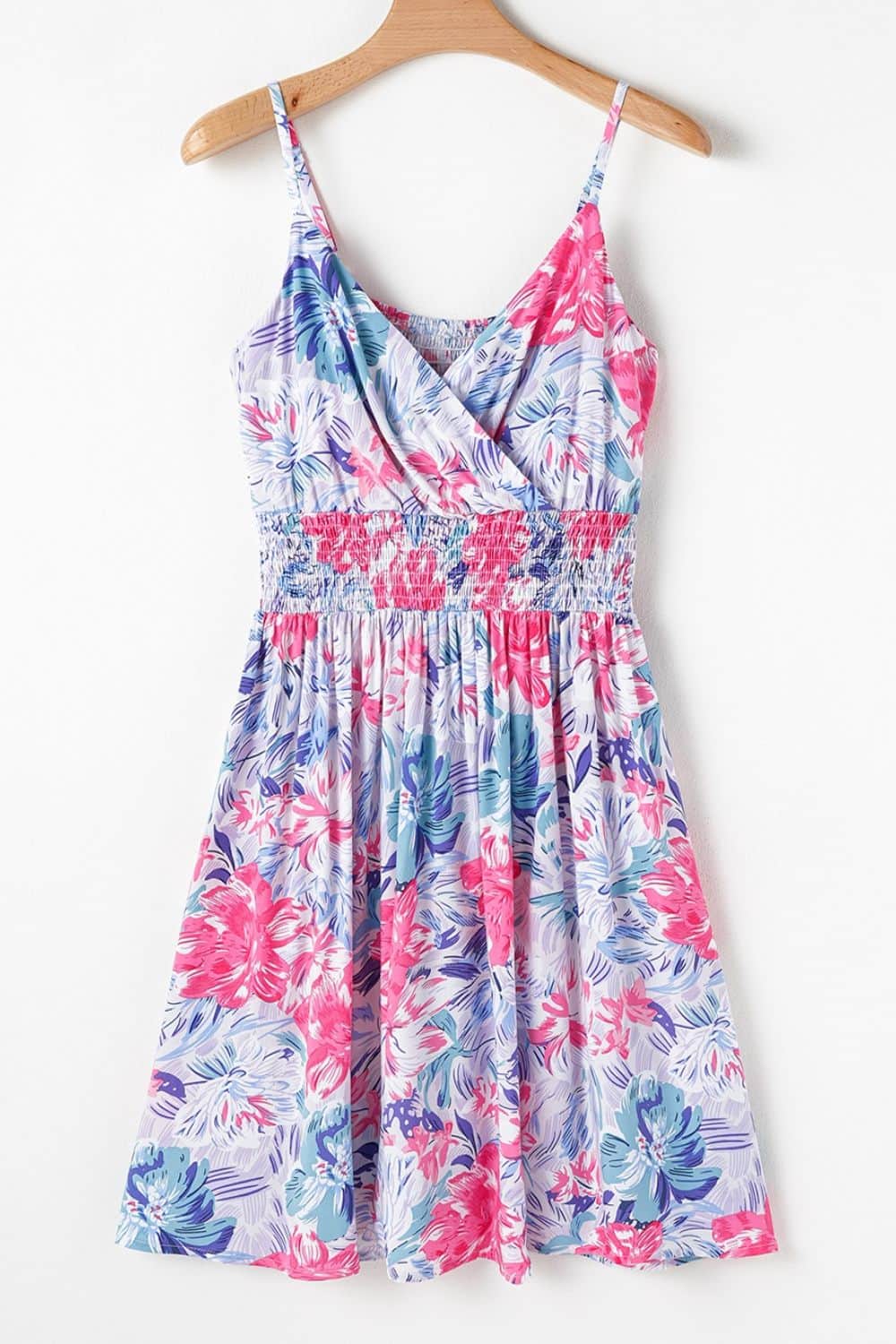 Floral Spaghetti Strap Surplice Neck Shirred Waist Mini Dress