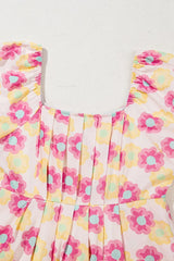 Floral Square Neck Puff Sleeve Pleated Flared Midi Dress