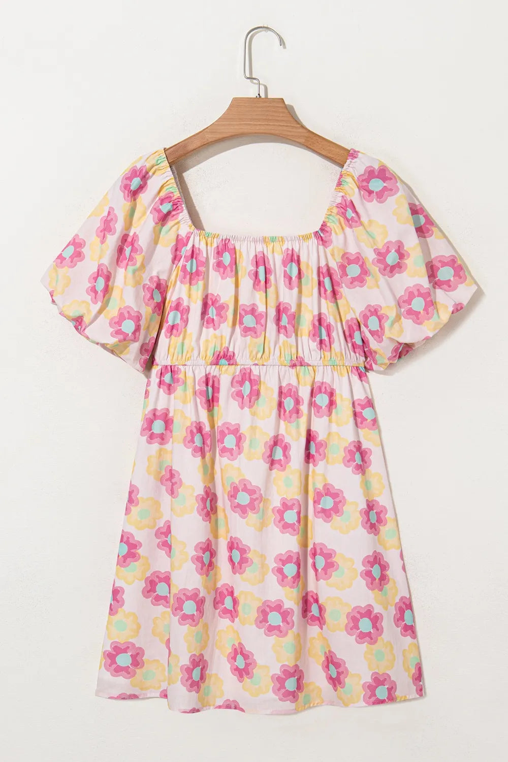 Floral Square Neck Puff Sleeve Pleated Flared Midi Dress