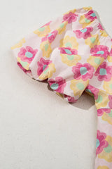 Floral Square Neck Puff Sleeve Pleated Flared Midi Dress