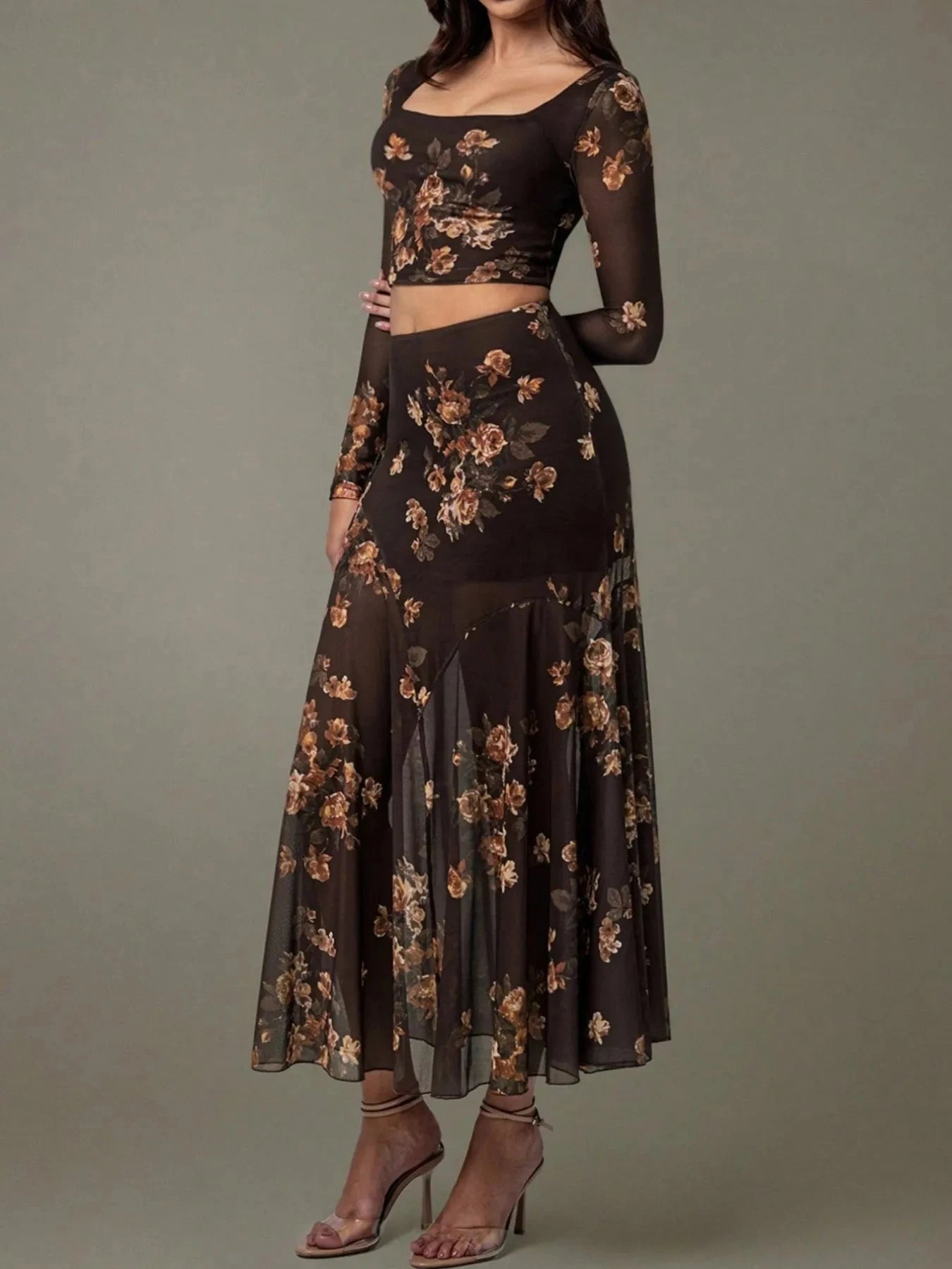 Floral Square Neck Top and Skirt Set