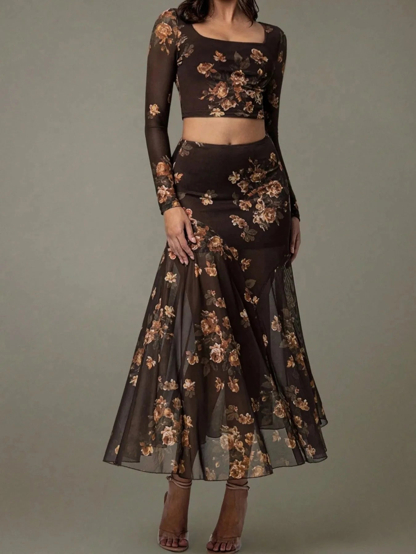 Floral Square Neck Top and Skirt Set