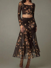 Floral Square Neck Top and Skirt Set