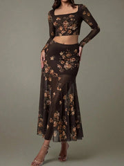 Floral Square Neck Top and Skirt Set