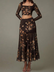 Floral Square Neck Top and Skirt Set