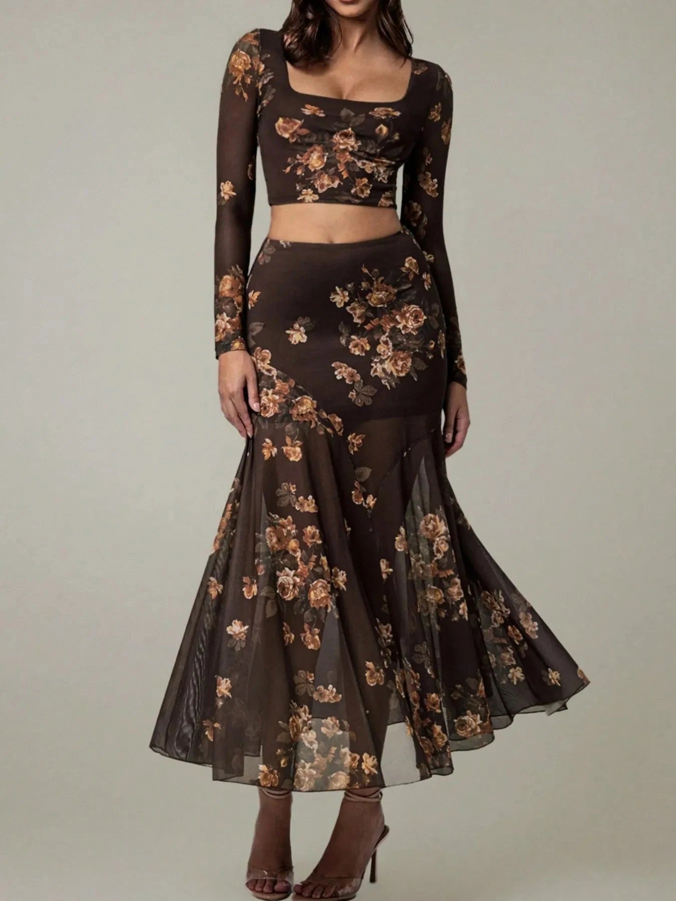Floral Square Neck Top and Skirt Set Chocolate / S