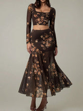 Floral Square Neck Top and Skirt Set Chocolate / S