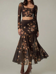 Floral Square Neck Top and Skirt Set Chocolate / S