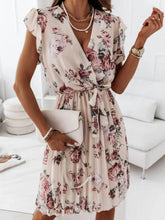 Floral Surplice Ruffled Cap Sleeve Dress Apricot / S