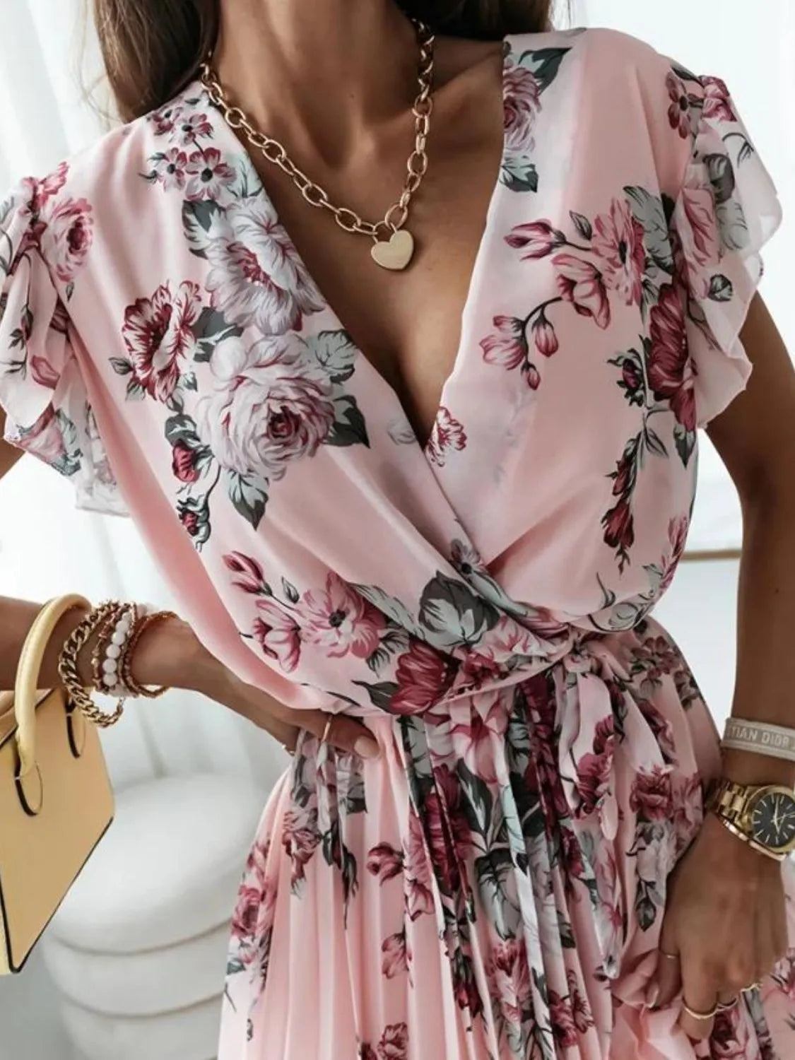 Floral Surplice Ruffled Cap Sleeve Dress Pink / S