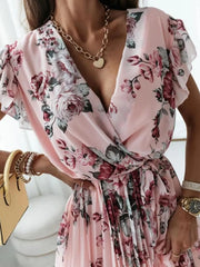 Floral Surplice Ruffled Cap Sleeve Dress Pink / S