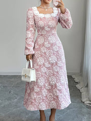 Floral Textured Square Neck Midi Dress