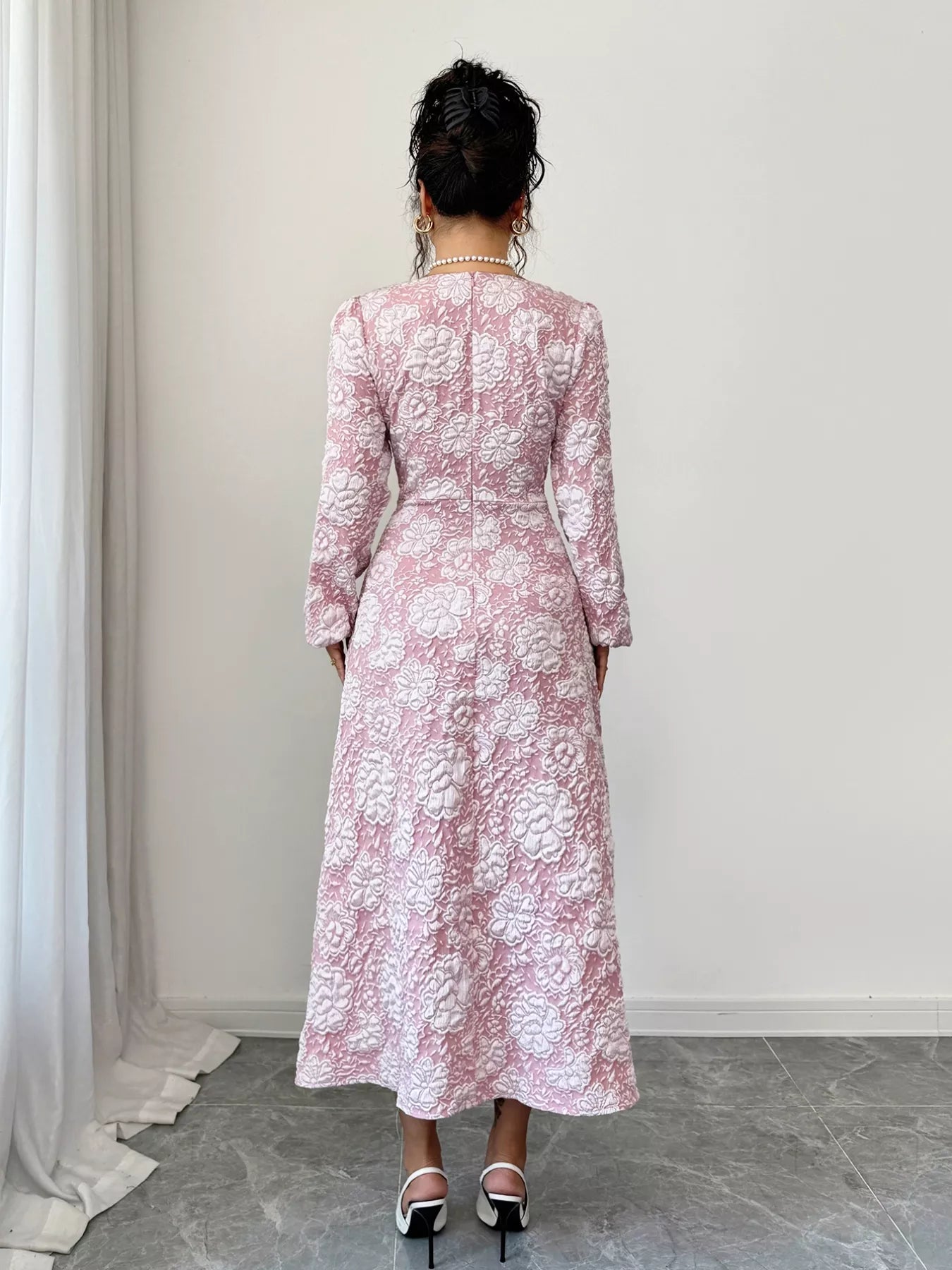 Floral Textured Square Neck Midi Dress