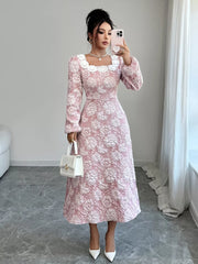 Floral Textured Square Neck Midi Dress