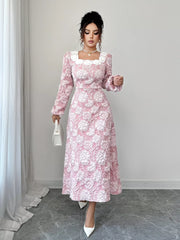 Floral Textured Square Neck Midi Dress Blush Pink / S