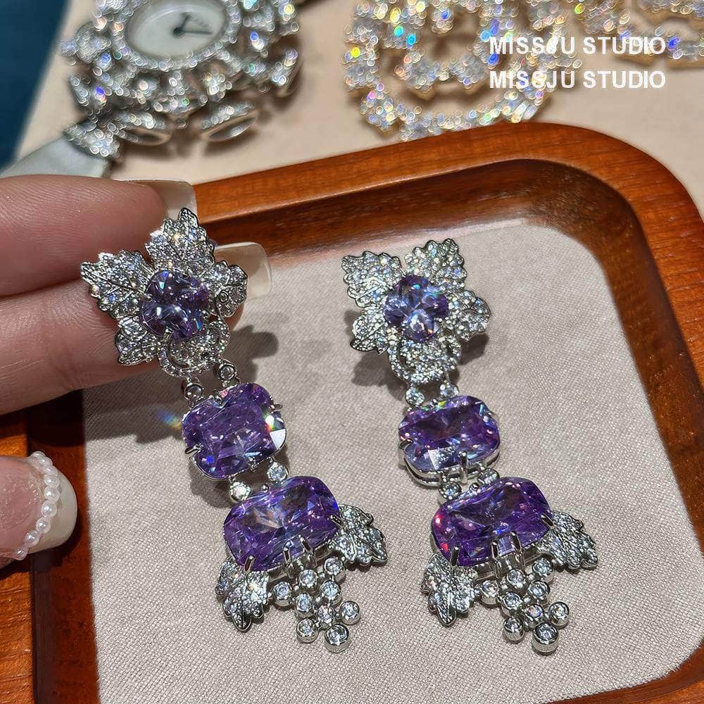 Floral Themed Paved Crystal Amethyst Gemstone Dangle Earrings Purple