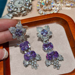 Floral Themed Paved Crystal Amethyst Gemstone Dangle Earrings Purple