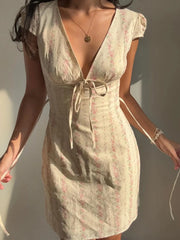 Floral Tie-Front Deep V-Neck Mini Dress Pink Flowers / S