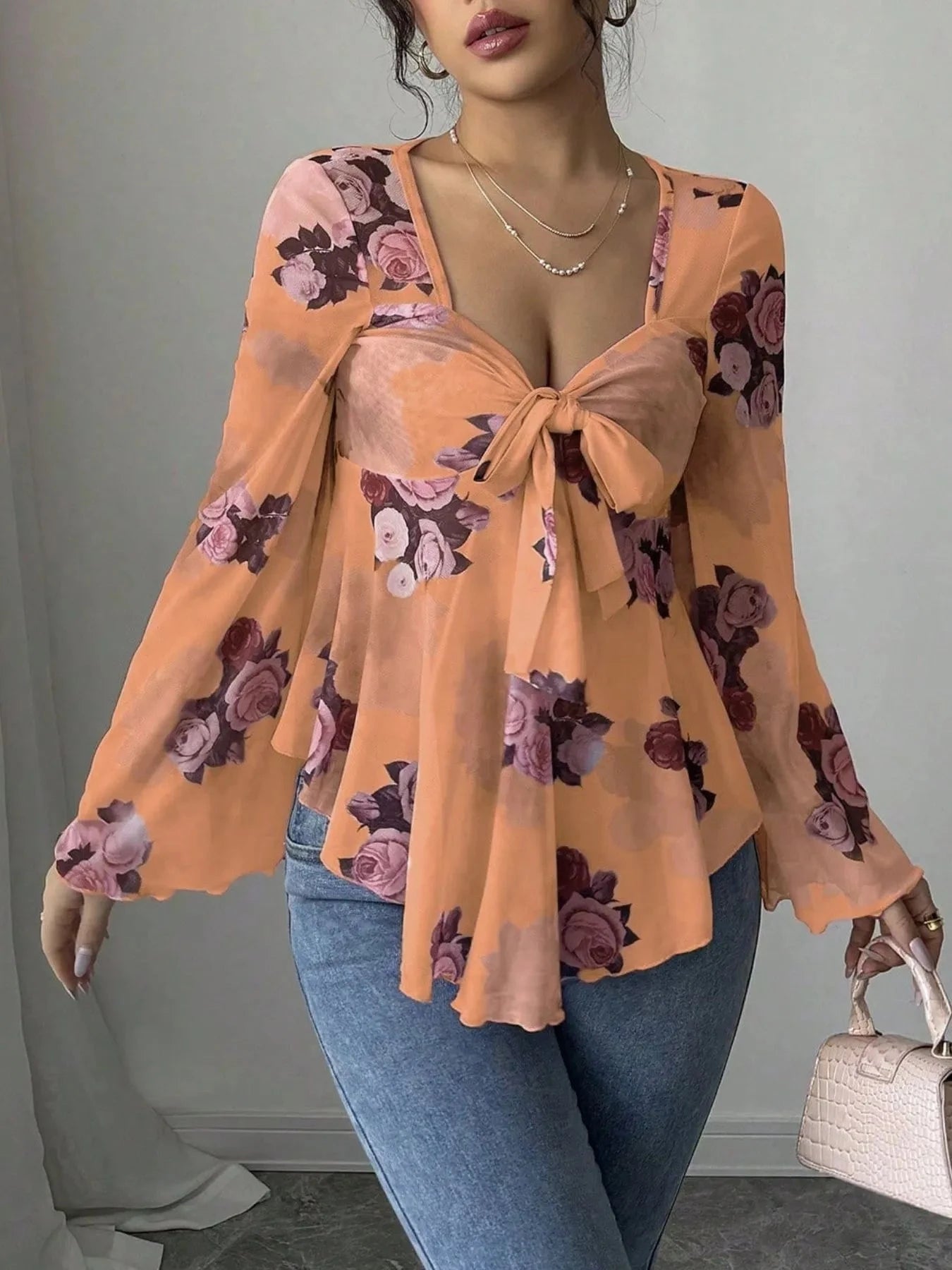 Floral Tie Front Flare Sleeve Blouse