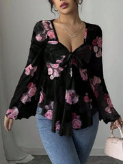Floral Tie Front Flare Sleeve Blouse