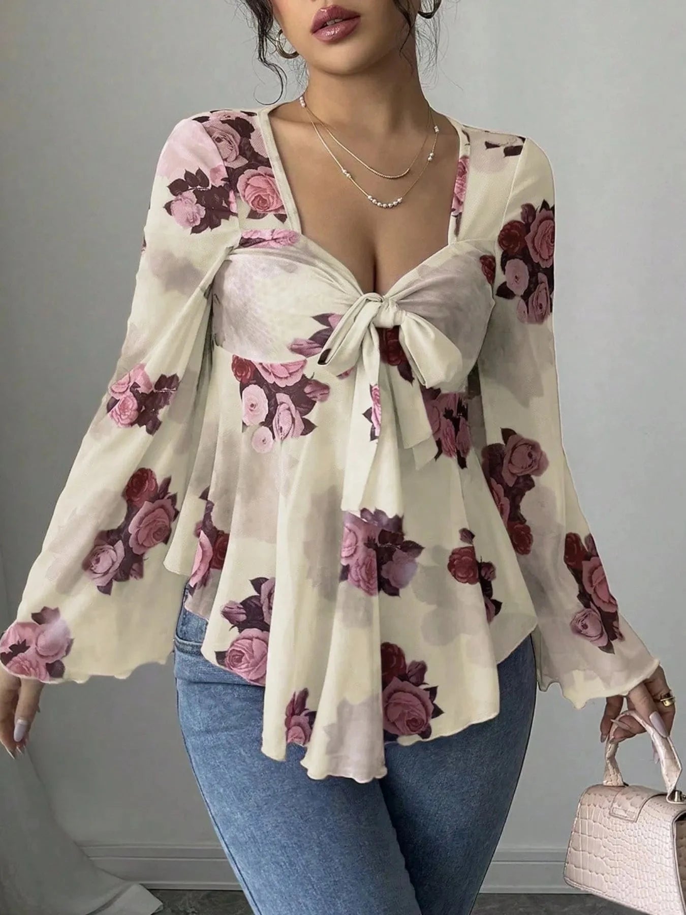 Floral Tie Front Flare Sleeve Blouse