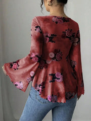 Floral Tie Front Flare Sleeve Blouse