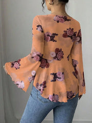 Floral Tie Front Flare Sleeve Blouse