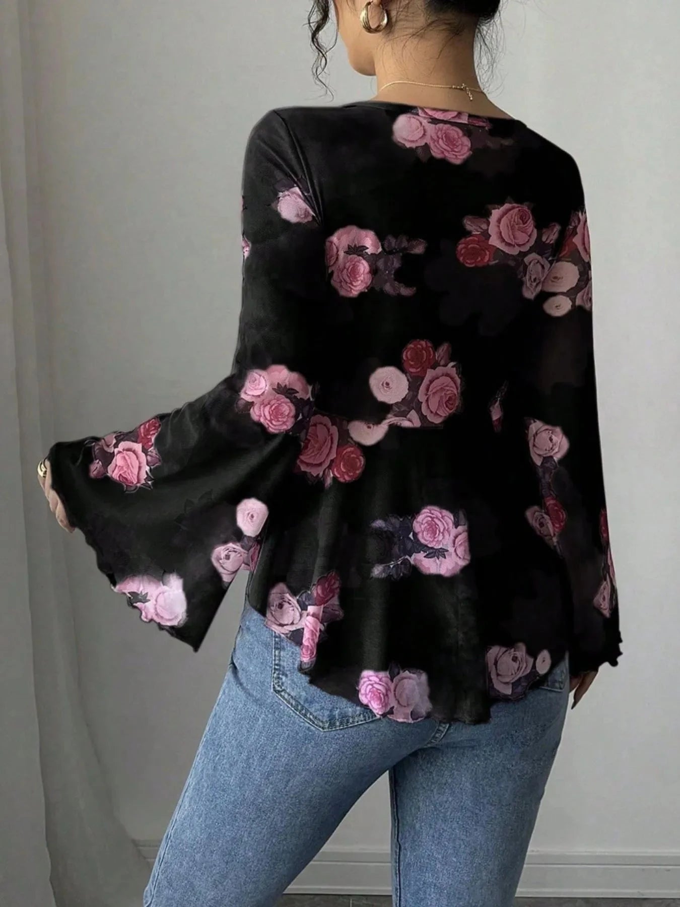 Floral Tie Front Flare Sleeve Blouse