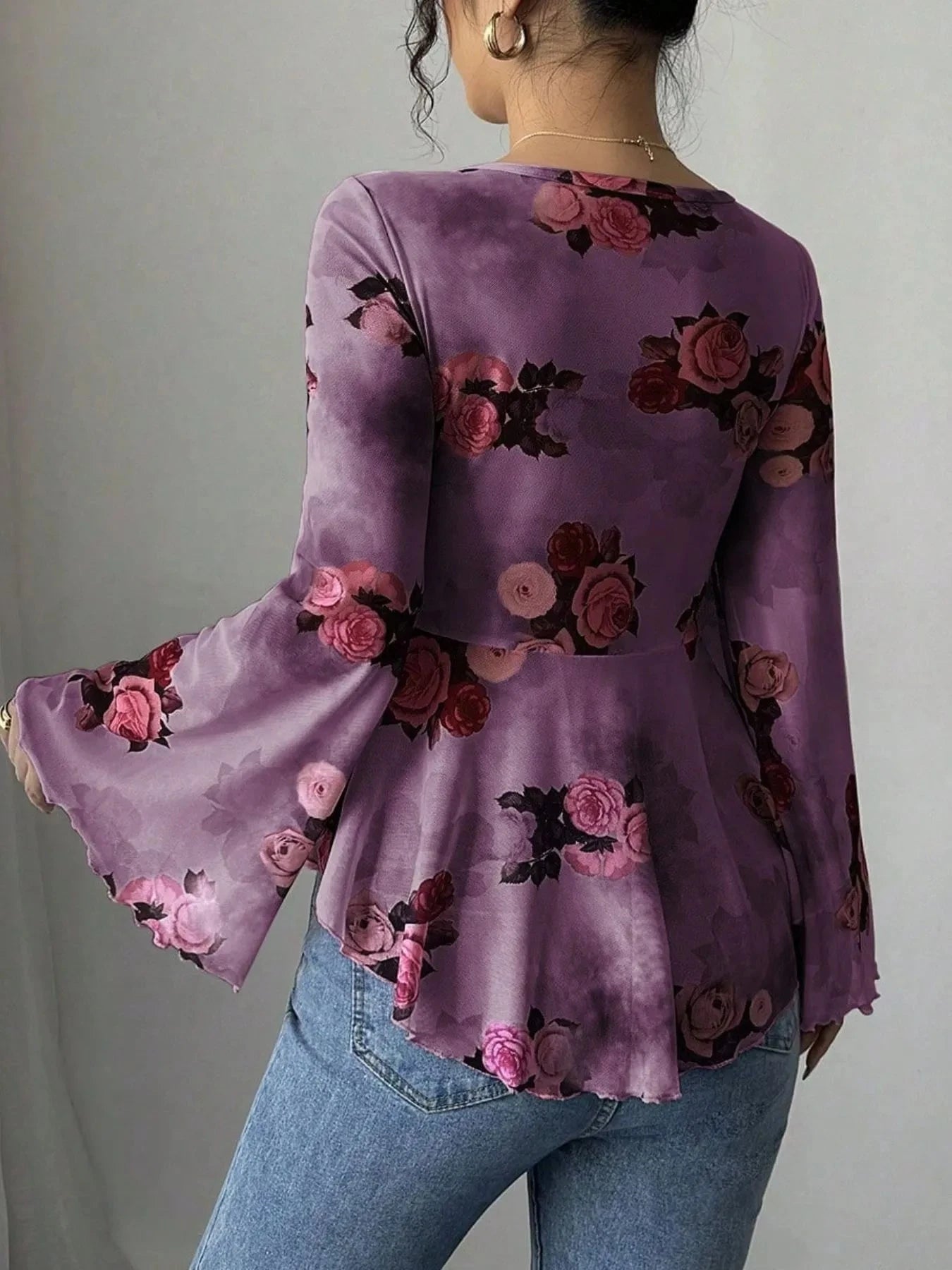 Floral Tie Front Flare Sleeve Blouse