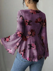 Floral Tie Front Flare Sleeve Blouse