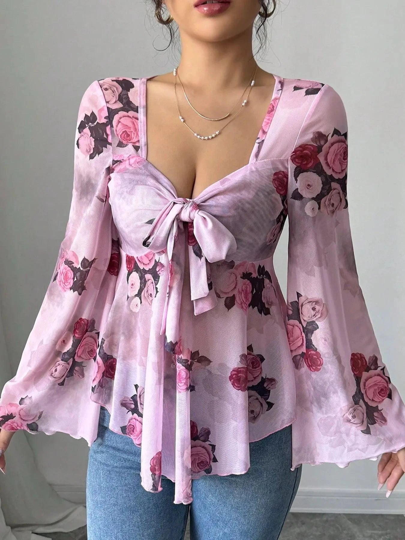 Floral Tie Front Flare Sleeve Blouse