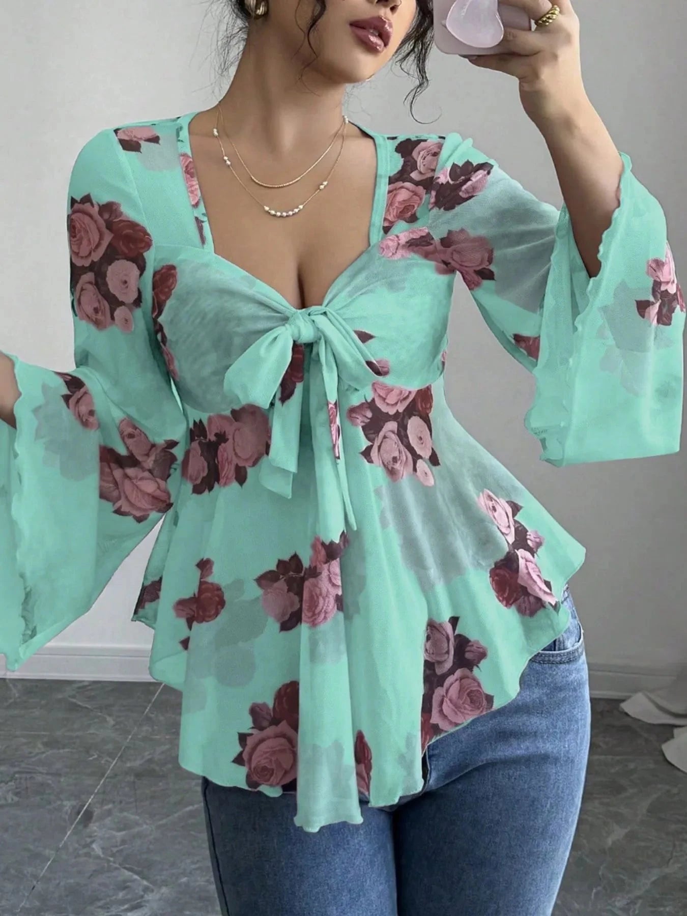 Floral Tie Front Flare Sleeve Blouse