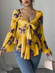 Floral Tie Front Flare Sleeve Blouse